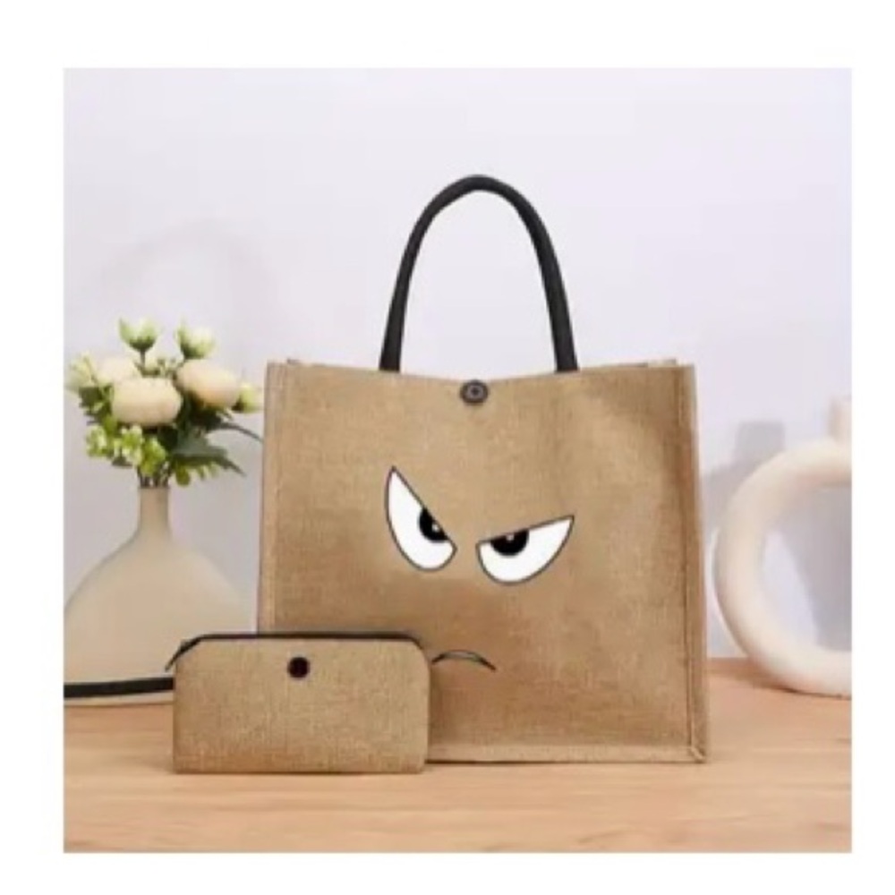 Tan Tote and Pouch Set with Cartoon Eyes